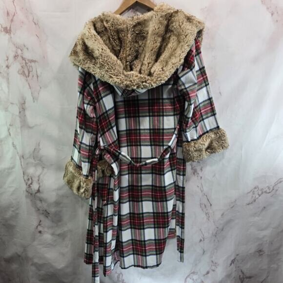Pottery Barn Robe Women Plaid Faux Fur Hooded Flannel Holiday Christmas Stewart - Picture 6 of 14